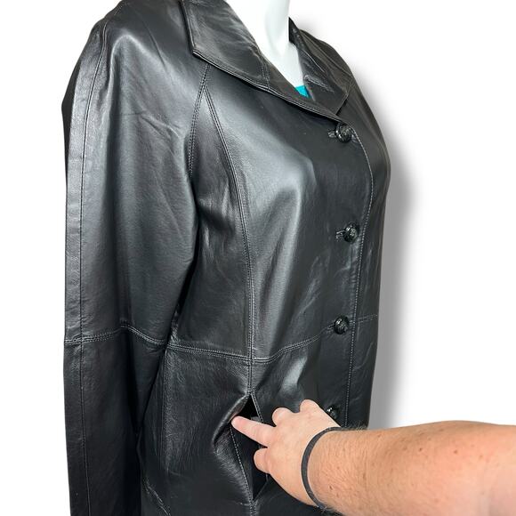 East 5th Womens Leather Jacket Long Coat Collared Button Closure Black Large - Picture 6 of 14